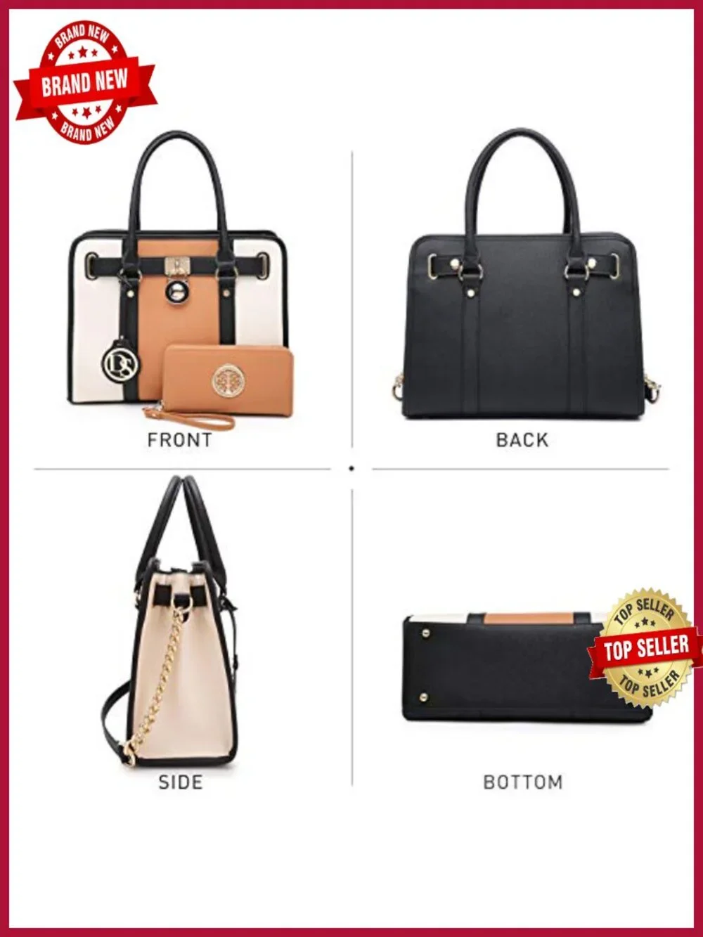 Large Structured Satchel Tote with Matching Wallet, Vegan Leather, Work